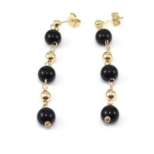 14K Yellow Gold Earrings Black Onyx Bead Ball Dangle